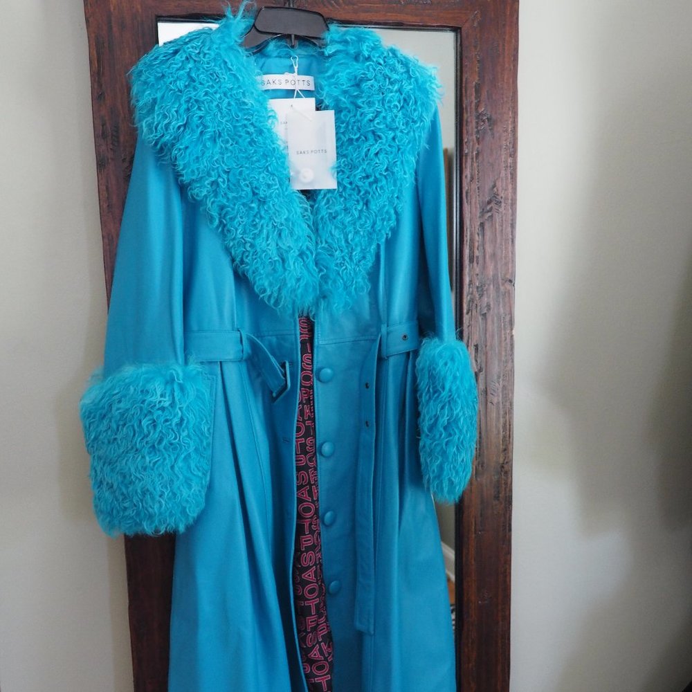 NWT Saks Potts Foxy Shearling Coat in Azure Blue